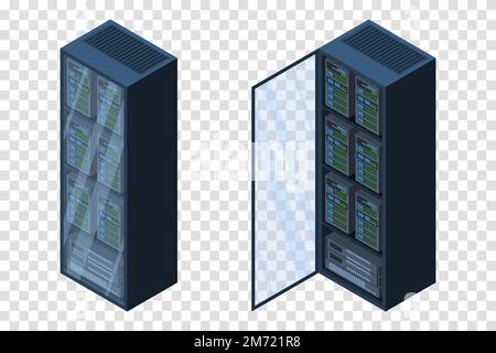 Isometric servers. Data storages. 3D computer equipment. Storage database. Equipment server network. Big data illustration Stock Vector