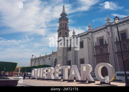 Queretaro, Queretaro, 11 29 22, temple of santa rosa de viterbo front view with letters of Queretaro, mexican architecture, Catholic Church Stock Photo