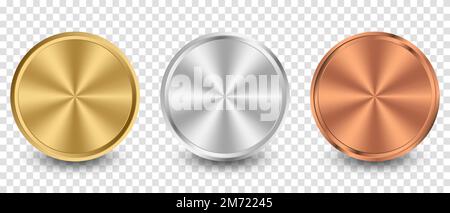 Collection of gold, silver, bronze radial metallic gradient. Plates with gold, silver, bronze metallic effect. Vector illustration Stock Vector