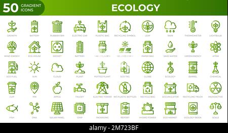 Set of 50 Ecology web icons in gradient style. Recycling, biology, renewable energy. Gradient icons collection. Vector illustration Stock Vector