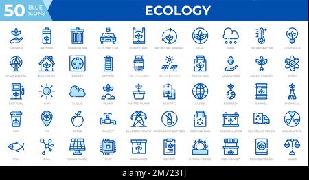 Set of 50 Ecology web icons in line blue style. Recycling, biology, renewable energy. Outline icons collection. Vector illustration Stock Vector