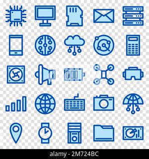 Set of 25 device and technology web icons in line blue style. Industry 4.0 concept factory of the future. Collection line blue icons of technology. Ve Stock Vector