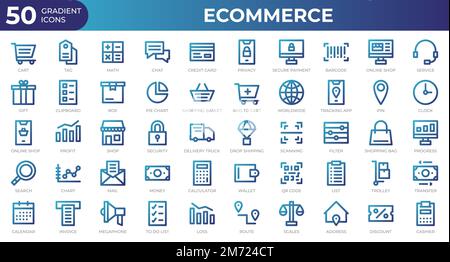 Set of 50 Ecommerce web icons in gradient style. Credit card, profit, invoice. Gradient icons collection. Vector illustration Stock Vector