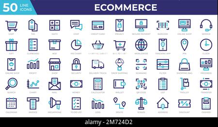 Set of 50 Ecommerce web icons in colored line style. Credit card, profit, invoice. Colored outline icons collection. Vector illustration Stock Vector
