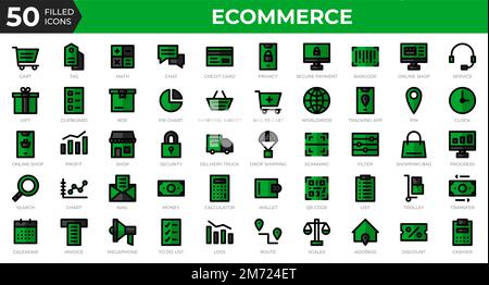 Set of 50 Ecommerce web icons in filled outline style. Credit card, profit, invoice. Filled outline icons collection. Vector illustration Stock Vector