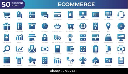 Set of 50 Ecommerce web icons in gradient style. Credit card, profit, invoice. Gradient icons collection. Vector illustration Stock Vector