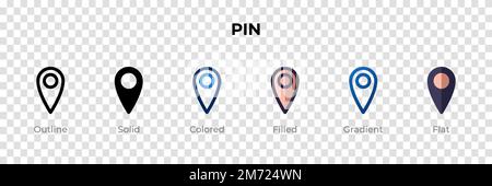 Pin icon in different style. Pin vector icons designed in outline, solid, colored, filled, gradient, and flat style. Symbol, logo illustration. Vector Stock Vector