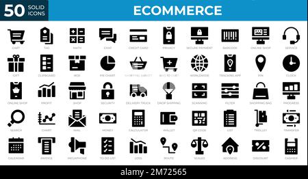 Set of 50 Ecommerce web icons in solid style. Credit card, cart, invoice. Solid icons collection. Vector illustration Stock Vector