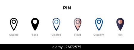 Pin icon in different style. Pin vector icons designed in outline, solid, colored, filled, gradient, and flat style. Symbol, logo illustration. Vector Stock Vector