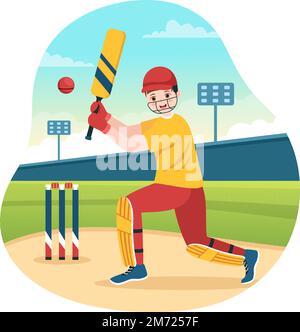 Batsman Playing Cricket Sport Illustration with Bat and Balls in the Field for Championship in Flat Cartoon Hand Drawn Templates Stock Vector
