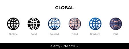 Global icon in different style. Global vector icons designed in outline, solid, colored, filled, gradient, and flat style. Symbol, logo illustration. Stock Vector
