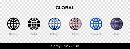 Global icon in different style. Global vector icons designed in outline, solid, colored, filled, gradient, and flat style. Symbol, logo illustration. Stock Vector