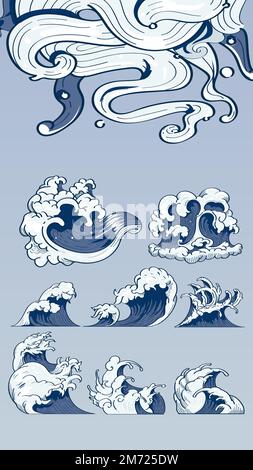 Blue Japanese wave background collection vectors Stock Vector