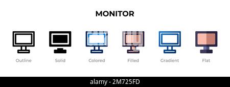 Monitor icon in different style. Monitor vector icons designed in outline, solid, colored, filled, gradient, and flat style. Symbol, logo illustration Stock Vector