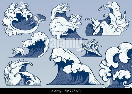 Blue Japanese wave background collection vectors Stock Vector