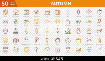 Set of 50 Autumn icons in colored line style. Leaves, berries, sweater. Colored outline icons collection. Vector illustration Stock Vector