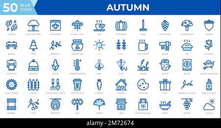 Set of 50 Autumn icons in line blue style. Leaves, berries, sweater. Outline icons collection. Vector illustration Stock Vector