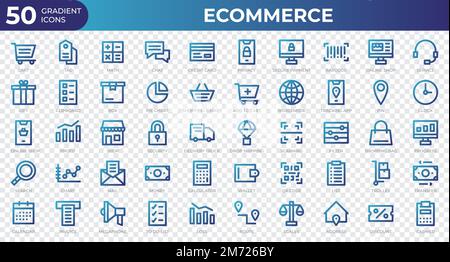 Set of 50 Ecommerce web icons in gradient style. Credit card, profit, invoice. Gradient icons collection. Vector illustration Stock Vector