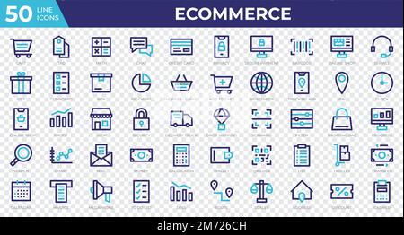 Set of 50 Ecommerce web icons in colored line style. Credit card, profit, invoice. Colored outline icons collection. Vector illustration Stock Vector