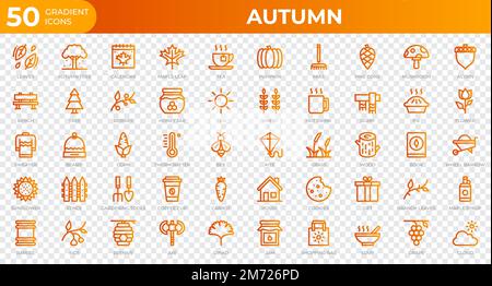 Set of 50 Autumn icons in gradient style. Leaves, berries, sweater. Gradient icons collection. Vector illustration Stock Vector