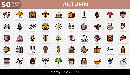 Set of 50 Autumn icons in filled outline style. Leaves, berries, sweater. Filled outline icons collection. Vector illustration Stock Vector