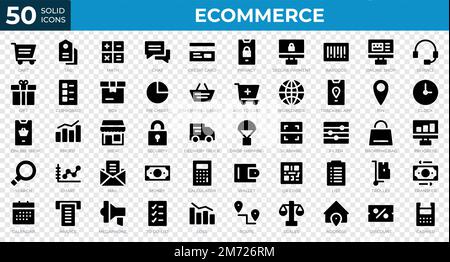Set of 50 Ecommerce web icons in solid style. Credit card, cart, invoice. Solid icons collection. Vector illustration Stock Vector