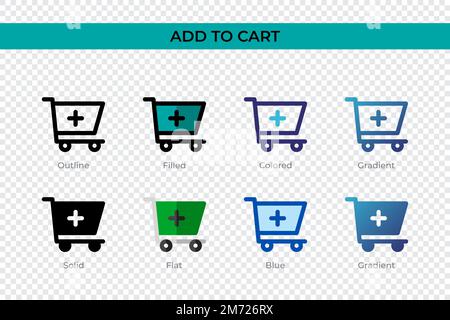 Add To Cart icon in different style. Add To Cart vector icons designed in outline, solid, colored, filled, gradient, and flat style. Symbol, logo illu Stock Vector