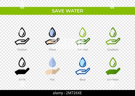 Save water icon in different style. Save water vector icons designed in outline, solid, colored, filled, gradient, and flat style. Symbol, logo illust Stock Vector