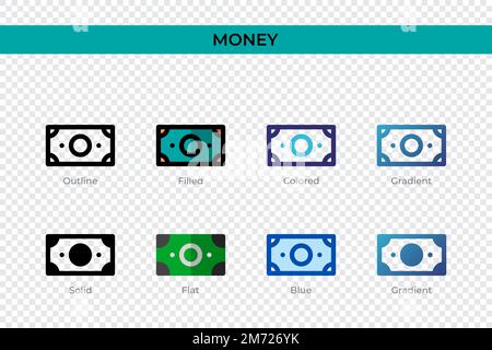 Money icon in different style. Money vector icons designed in outline, solid, colored, filled, gradient, and flat style. Symbol, logo illustration. Ve Stock Vector
