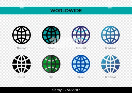 Worldwide icon in different style. Worldwide vector icons designed in outline, solid, colored, filled, gradient, and flat style. Symbol, logo illustra Stock Vector