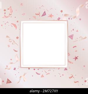 Blank rose pink confetti golden square badge vector Stock Vector
