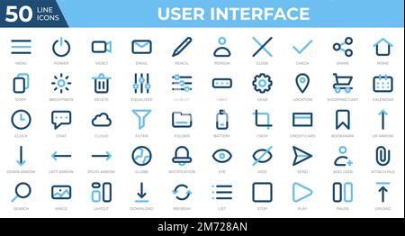 Set of 50 User Interface icons in colored line style. Menu, calendar, clock. Colored outline icons collection. Vector illustration Stock Vector