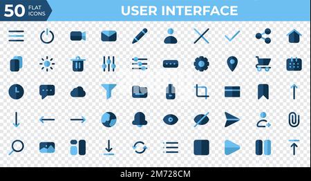 Set of 50 User Interface icons in flat style. Menu, calendar, clock. Flat icons collection. Vector illustration Stock Vector