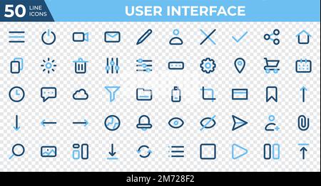 Set of 50 User Interface icons in colored line style. Menu, calendar, clock. Colored outline icons collection. Vector illustration Stock Vector