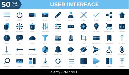 Set of 50 User Interface icons in flat style. Menu, calendar, clock. Flat icons collection. Vector illustration Stock Vector