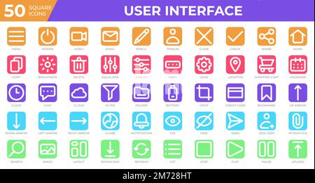 Set of 50 User Interface icons in square style. Menu, calendar, clock. Square icons collection. Vector illustration Stock Vector