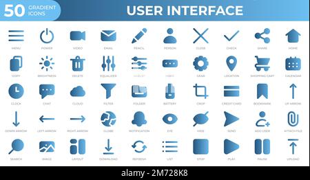 Set of 50 User Interface icons in gradient style. Menu, calendar, clock. Gradient icons collection. Vector illustration Stock Vector
