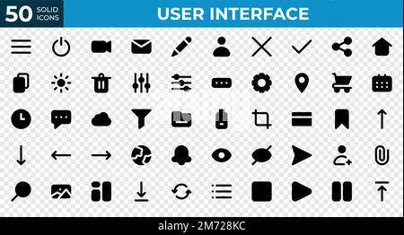 Set of 50 User Interface icons in solid style. Menu, calendar, clock. Solid icons collection. Vector illustration Stock Vector