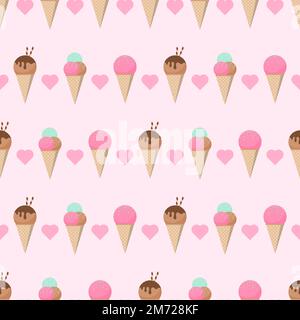 Cute pastel ice cream seamless pattern. Pastel ice cream seamless pattern with cute hearts. Seamless vector pattern with ice cream in pastel colors. V Stock Vector