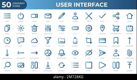 Set of 50 User Interface icons in gradient style. Menu, calendar, clock. Gradient icons collection. Vector illustration Stock Vector