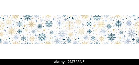 Abstract snowflake seamless border. Snowflakes seamless pattern. Snowfall repeat backdrop. Winter holidays theme. Seamless background with snowflakes. Stock Vector