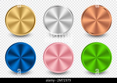 Collection of gold, silver, bronze, blue metal, pink metal, and green metal radial metallic gradient. Plates with gold, silver, bronze metallic effect Stock Vector