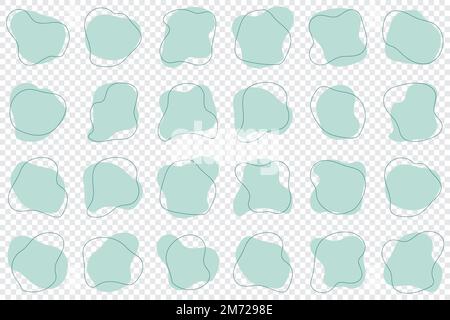 Blob shape organic. Set of irregular round blot form graphic element. Organic amoeba blob shape abstract green color with line. Doodle drops with outl Stock Vector