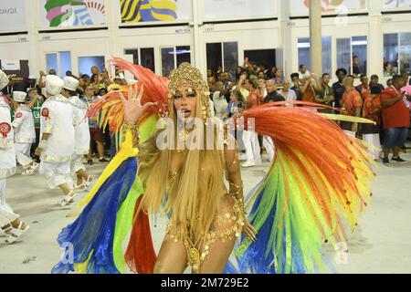 Rio de Janeiro, Brazil, April 22, 2022. Parade of the samba school of Salgueiro, during carnival in Rio de Janeiro, at the Sambadrome, in the city of Stock Photo