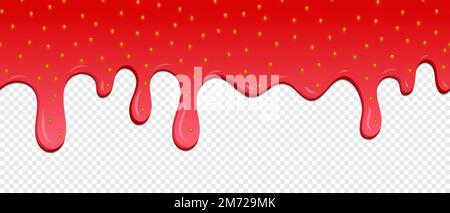 Realistic drops of strawberry jam. Strawberry background jam vector dripping drop splash texture. Drips of strawberry jam. Sweet background. Vector il Stock Vector