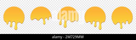 Set of honey drops. Dripping melted honey. Realistic melted honey. Honey drops. Melting honey. Yellow liquid dessert, sweet drip melt. Vector illustra Stock Vector