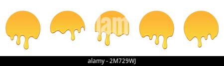 Set of honey drops. Dripping melted honey. Realistic melted honey. Honey drops. Melting honey. Yellow liquid dessert, sweet drip melt. Vector illustra Stock Vector