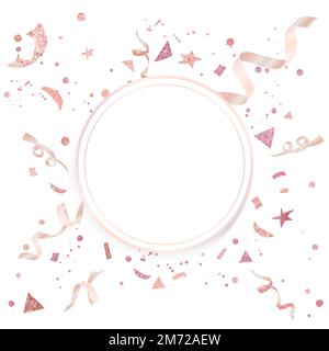 Blank rose pink confetti golden circular badge vector Stock Vector