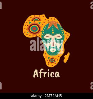 Illustration of African patterned map with art of masks, ornaments and symbols. Banner with traditional tribal grunge pattern, element, concept design Stock Vector