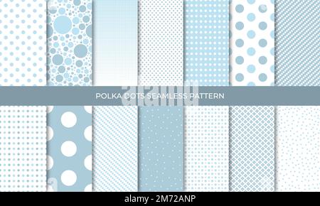 Set of seamless blue polka dot backgrounds. Seamless background in circle. Soft blue polka dot seamless pattern set. Baby background. Vector illustrat Stock Vector